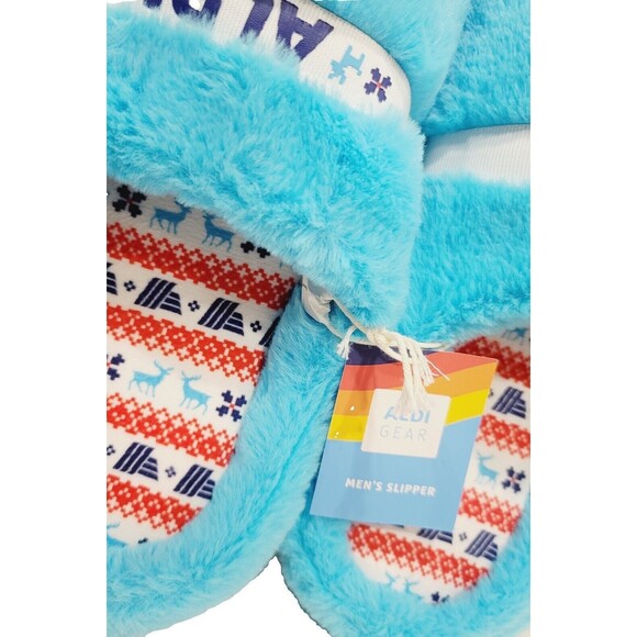 ALDI GEAR 2023 Men's Ltd Ed Holiday Faux Fur Plush Blue Logo Slippers, Size 13 - Picture 4 of 7